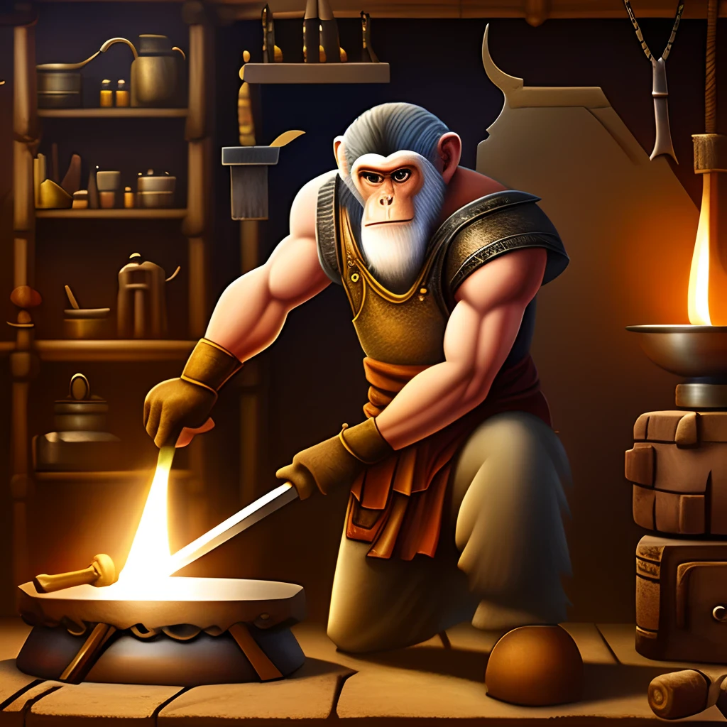 monkey blacksmith, fantasy , holding a hammer, working in a anvil, forging a sword, no background, solid color background