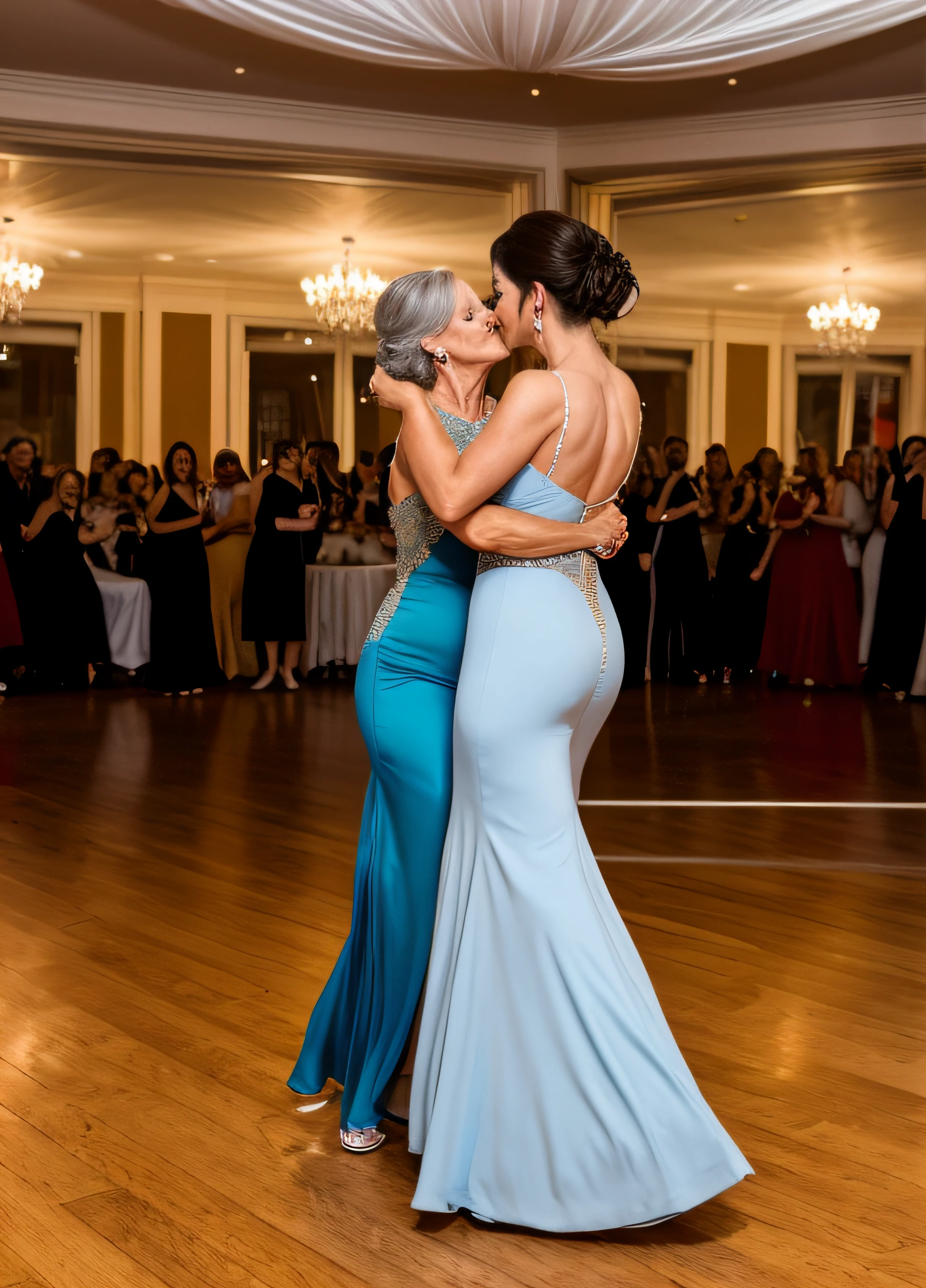 mother and daughter both in tight evening gown on dance floor dancing the waltz while embracing with their hands on each other's asses and French kissing