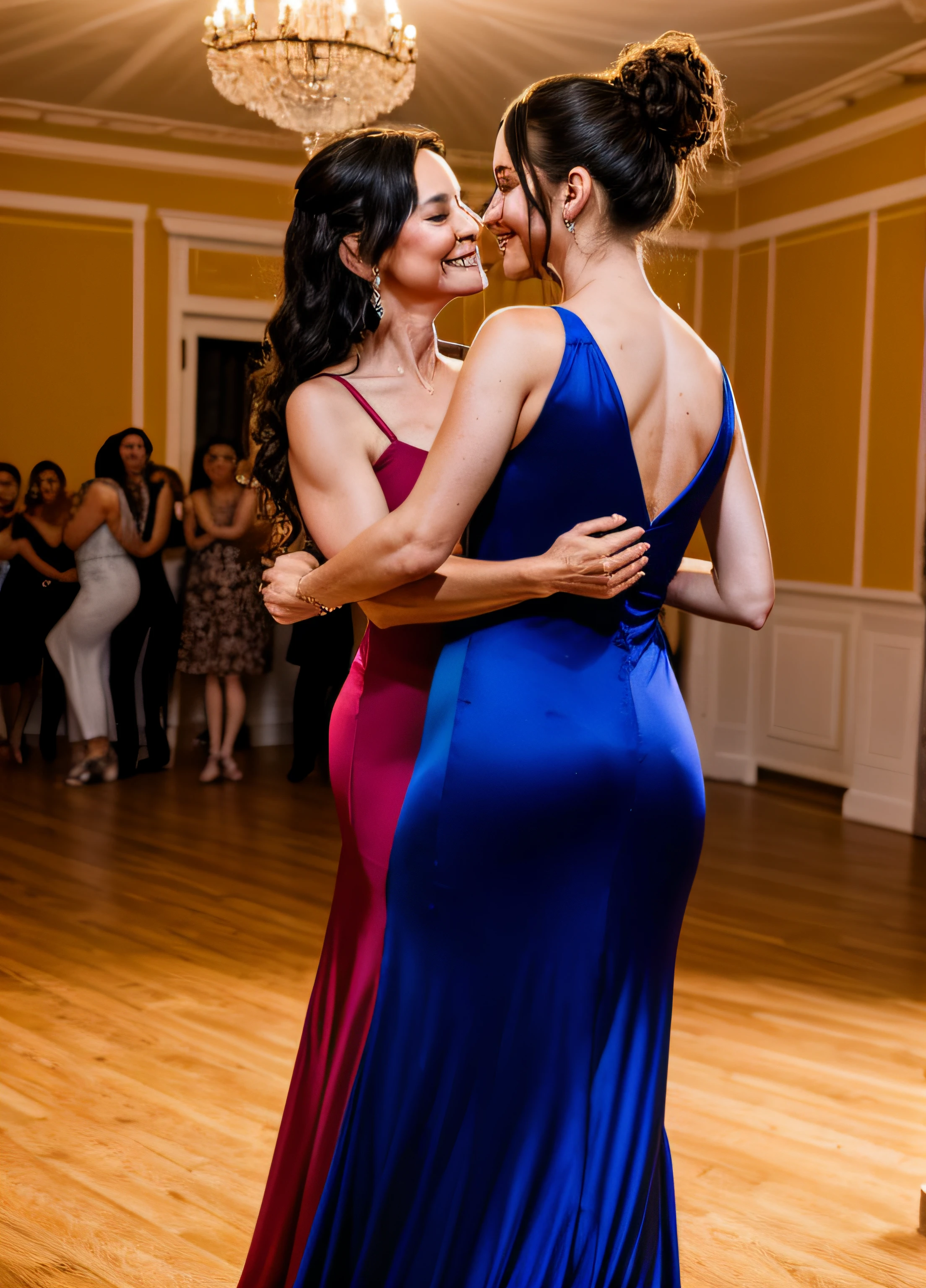 mother and daughter both in tight evening gown on dance floor dancing the waltz while embracing with their hands on each other's asses and French kissing