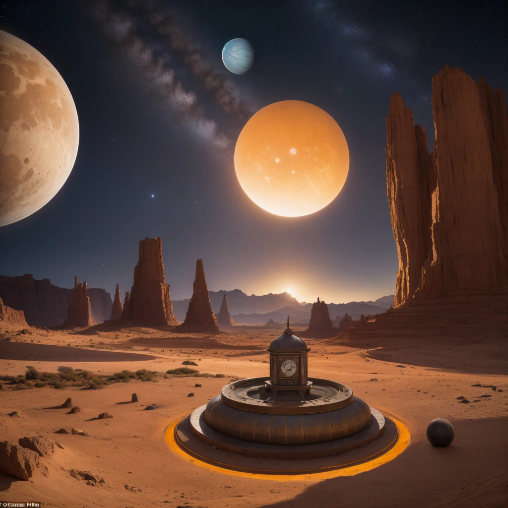 Clock base (Very detailed) In the mountainous desert，There are several exhaust fans and chimneys, Some spotlights come out of the clock base to illuminate dark places, UHR(Extreme nights), Some clouds in the night sky, Some of the surrounding planets provide air to planets whose clocks are unknown，The giant clock farthest from the clock is erupting