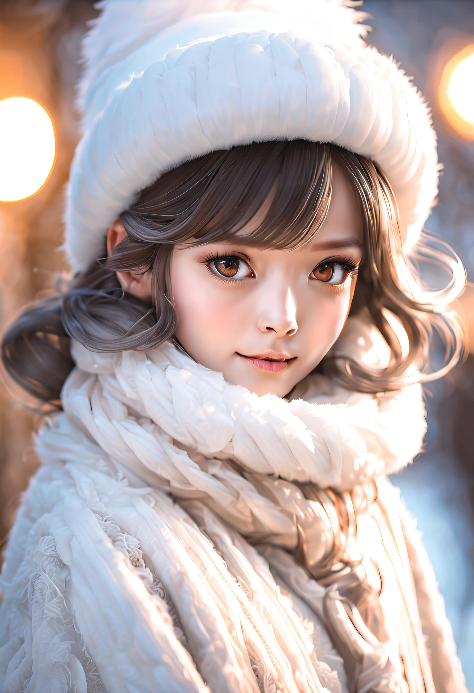 1girl in、portraitures、Cold winter mornings、The scene where the exhaled breath turns white is、Yarn hat、muffler、Thick coat、gloves、It looks cold、masterpiece、Delicate、Elegance、top-quality、Fine、colourfull、intricate-detail、(8K:1.1) 、(超A high resolution)、独奏:1.9、 1 人: