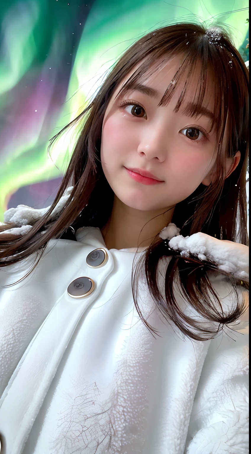beautiful, masterpiece, best quality, extremely detailed face, perfect lighting, (absurdres), (ultra detailed, 8K, ultra highres:1.2), in the forest, 1girl, solo, ((looking up to sky, face up, watching dark sky)), long dark brown hair, wearing white winter jacket, open mouth, amazed, surprised, (glad), (happy), (face focus), (above shoulder), (from just in front), snow outside, frost-covered trees, rime, no building, ((nothing around girl, just sky)), in the nature, detailed background, in Hokkaido, ((dark at night)), amazing beautiful aurora in the sky, (((aurora, Northern lights))),