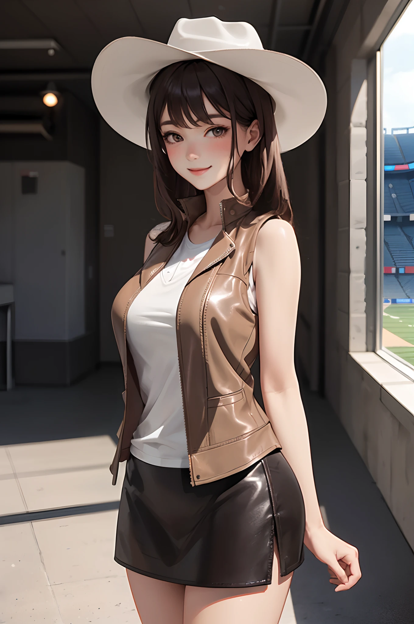 1lady solo standing, (beige leather vest over white tank-top), (brown mini-skirt), (cowboy hat:1.1), mature female, /(brown hair/) bangs, blush kind smile, (masterpiece best quality:1.2) delicate illustration ultra-detailed, large breasts BREAK /(motor show/) very spacious room indoors, audience, detailed background