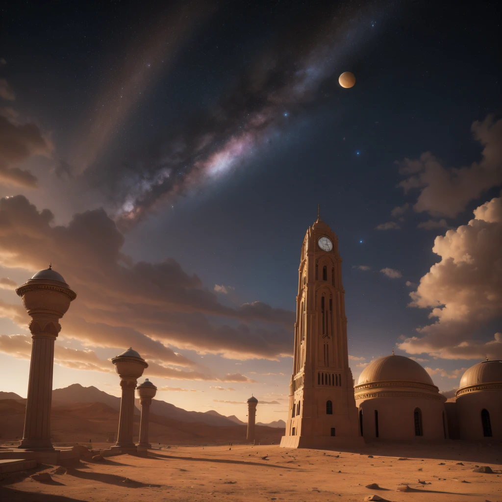 Ruins of an ancient Martian city, broken buildings, spires and minarets, some buildings appear melted, orange sky, two moons, rust colored desert, ruined stone city towers in the distance, "sword and planet" style art, bokeh, raytracing, realistic textured skin, particle effects, depth of field