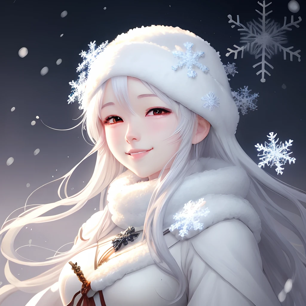 Anime girl in a white dress with snowflakes and snowflakes, beautiful anime artwork, beautiful anime art, Beautiful anime girl, beautiful anime woman, Beautiful Anime Portrait, beautiful fantasy anime, guweiz on pixiv artstation, Perfectly pure white long hair anime girl, Very white skin、anime fantasy illustration, Beautiful anime, high definition anime art, anime fantasy artwork, goddess of winter、Smiling
