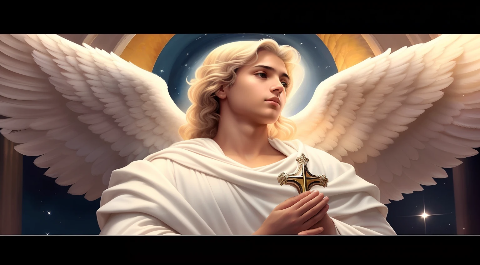 uma pintura de um homem com asas segurando uma cruz, Arcanjo Miguel, biblical accurate angel, angel spirit guide, cheio de pinturas de anjos, arcanjo, de anjo lindo, angelic, anjo biblicamente acuado, saint michael the angel, anjo do antigo testamento, Anjo majestoso de corpo inteiro, angelic, um anjo, Angelic purity, totalitarian socialist angel