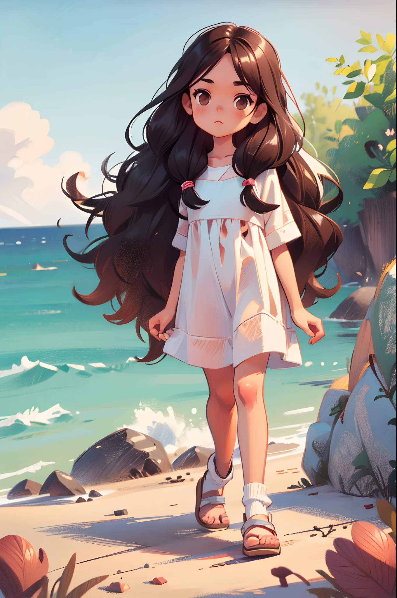 Draw a young brunette girl with long black hair and brown eyes, who is walking on the beach