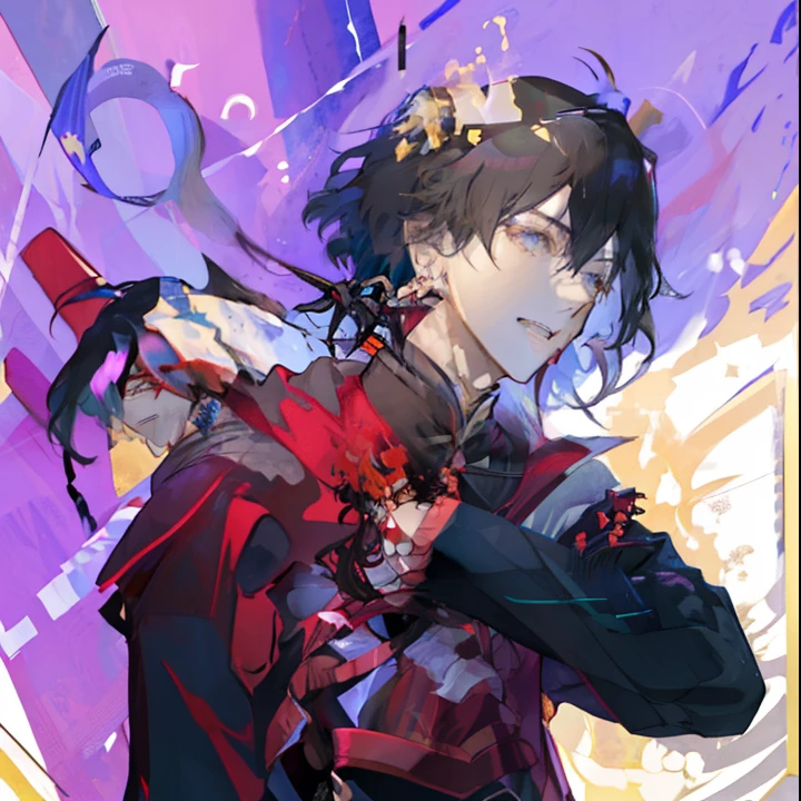 masutepiece、masterpiece, top-quality, 1 man, Adults, a handsome, tall muscular man, broad shoulder, finely eye and detailed face, Highly detailed CG Unity 8K wallpapers, intricate detailes, intricate detailes, Long beige hair, a wizard, Commander, natta, magical effect, loimu, upper view, frombelow, depth of fields、dark backgrounds、red earrings、