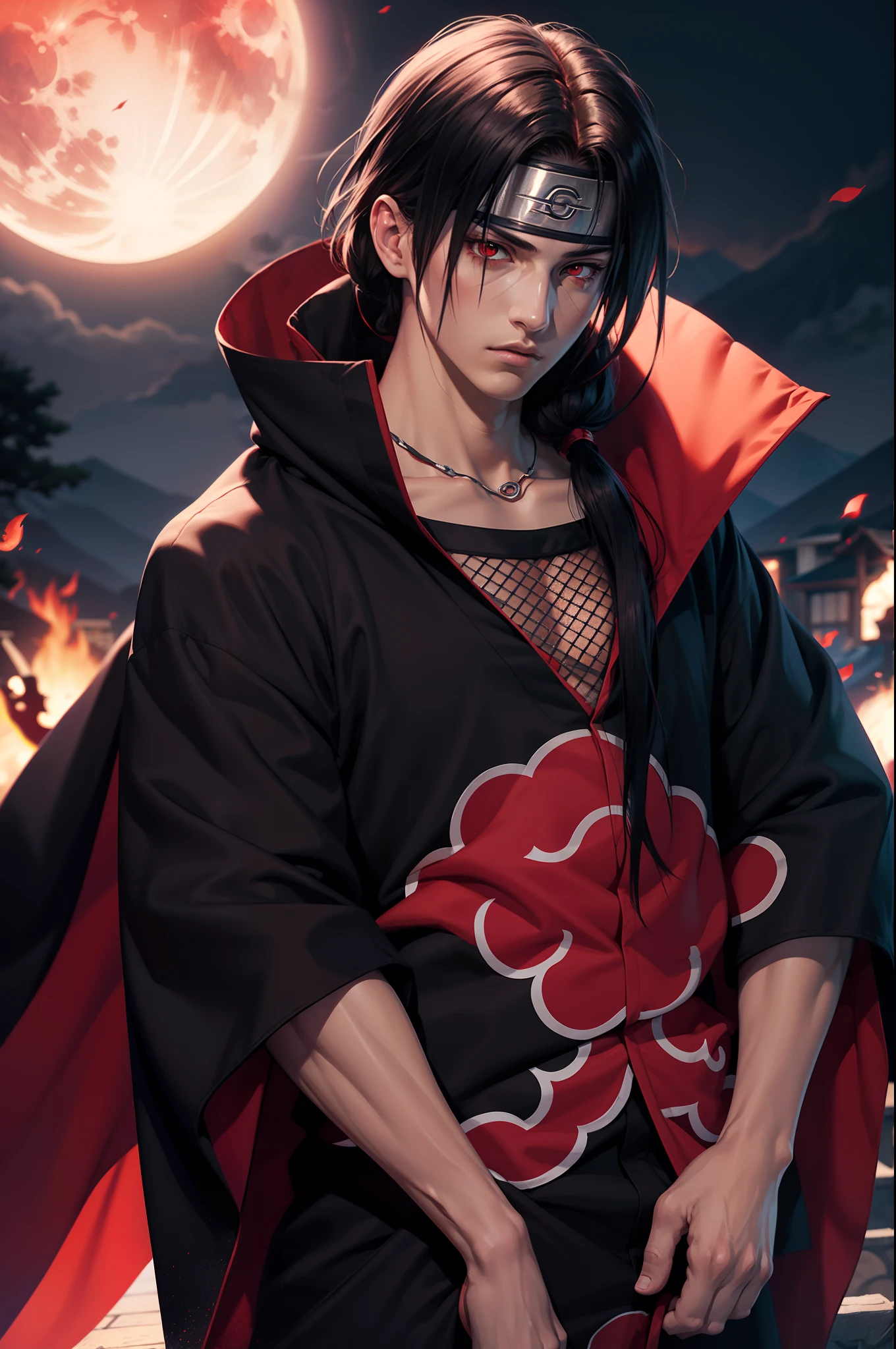 Masterpiece, high detailed, a young man covered in black cape with red cloud drawing or akatsuki robe from naruto, itachi uchiha, red eyes, upper body, shinobi, Konoha headband, red moon in the background, red theme, from naruto, long hair, covered in red flame