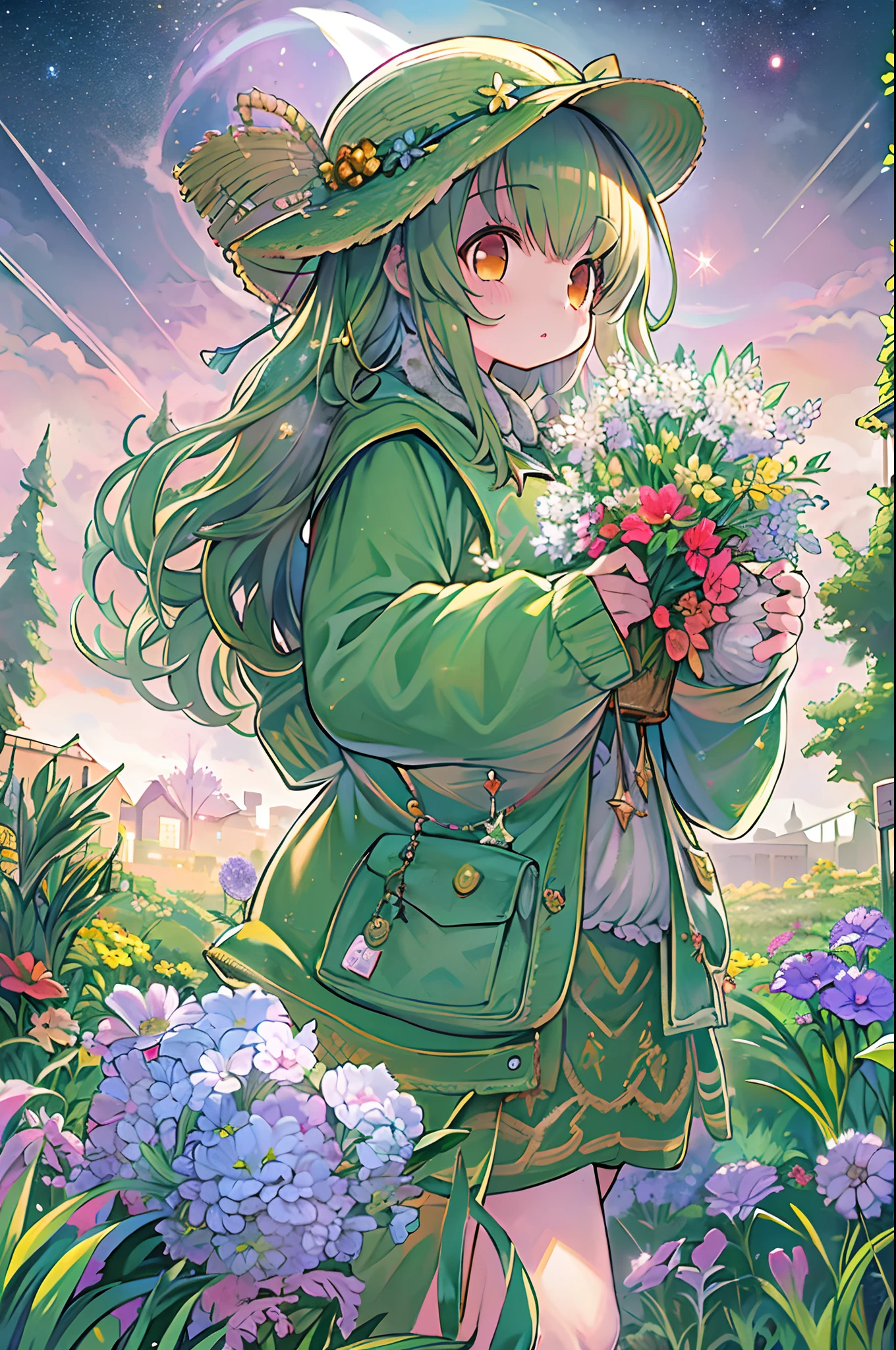 of the highest quality, high_resolution, Distinct_image, Detailed background, girl, flower, garden, Starry sky,、Huge chubby、Ultramammy
