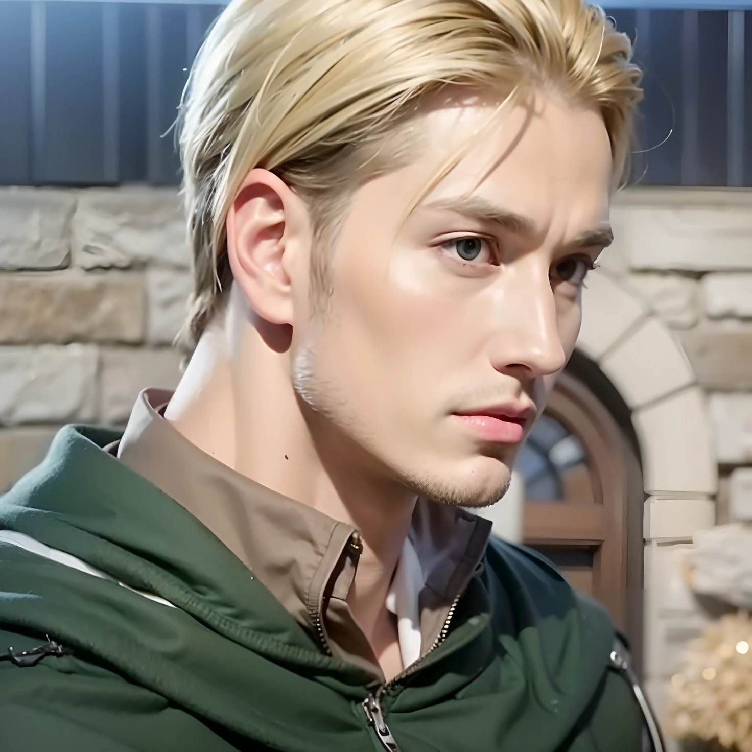 A man with realistic blonde hair, exactly the same hairstyle, realistic handsome face, realistic cool expression,Adapt exact clothing, realistic light, realistic shadows, realistic background,Realistic neat hair