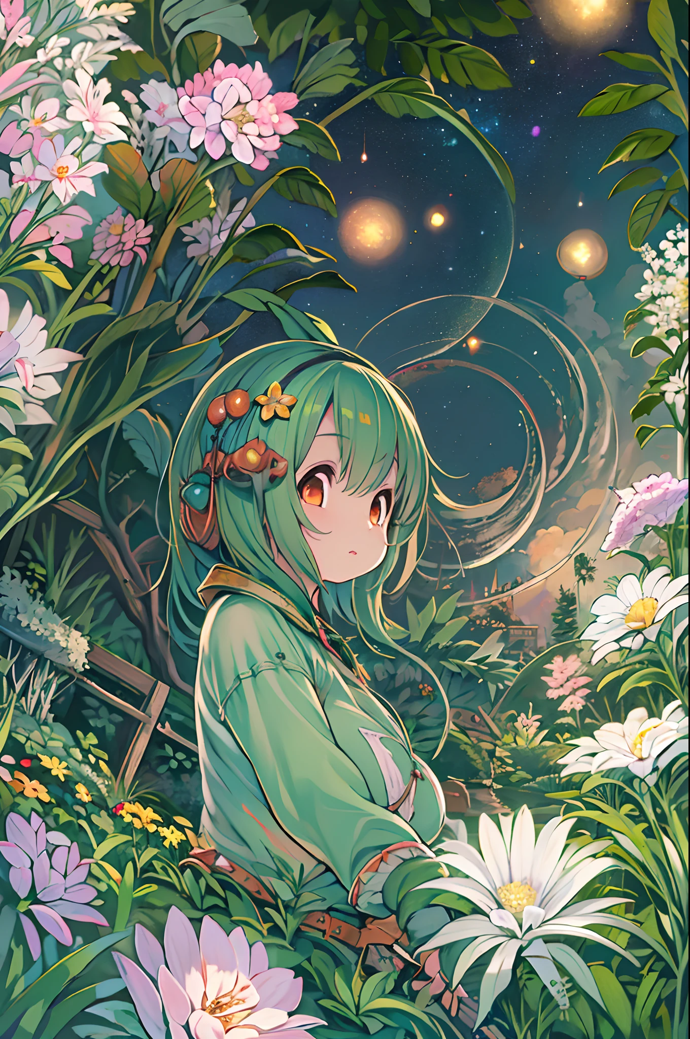 of the highest quality, high_resolution, Distinct_image, Detailed background, girl, flower, garden, Starry sky,、Huge chubby、Ultramammy
