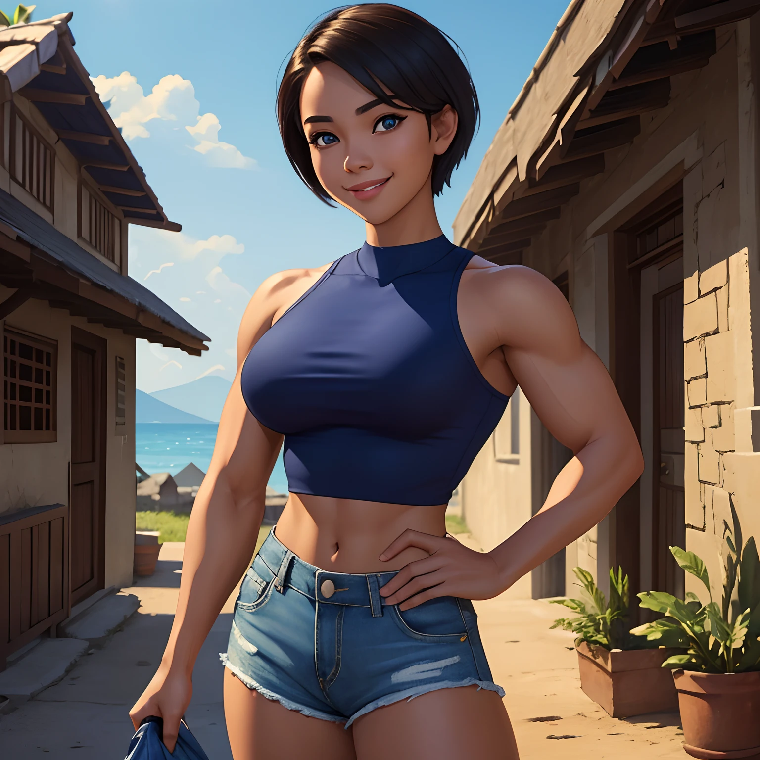 (masterpiece, best quality:1.1576), (ultra-detailed:1.1025), (cinematic lighting, illustration:1.05, beautiful detailed eyes, 1girl:1.05), Filipino girl, 24-years-old, strong muscles, short hair, blue crop top, high waisted shorts, smile, summer, village, hands at hips