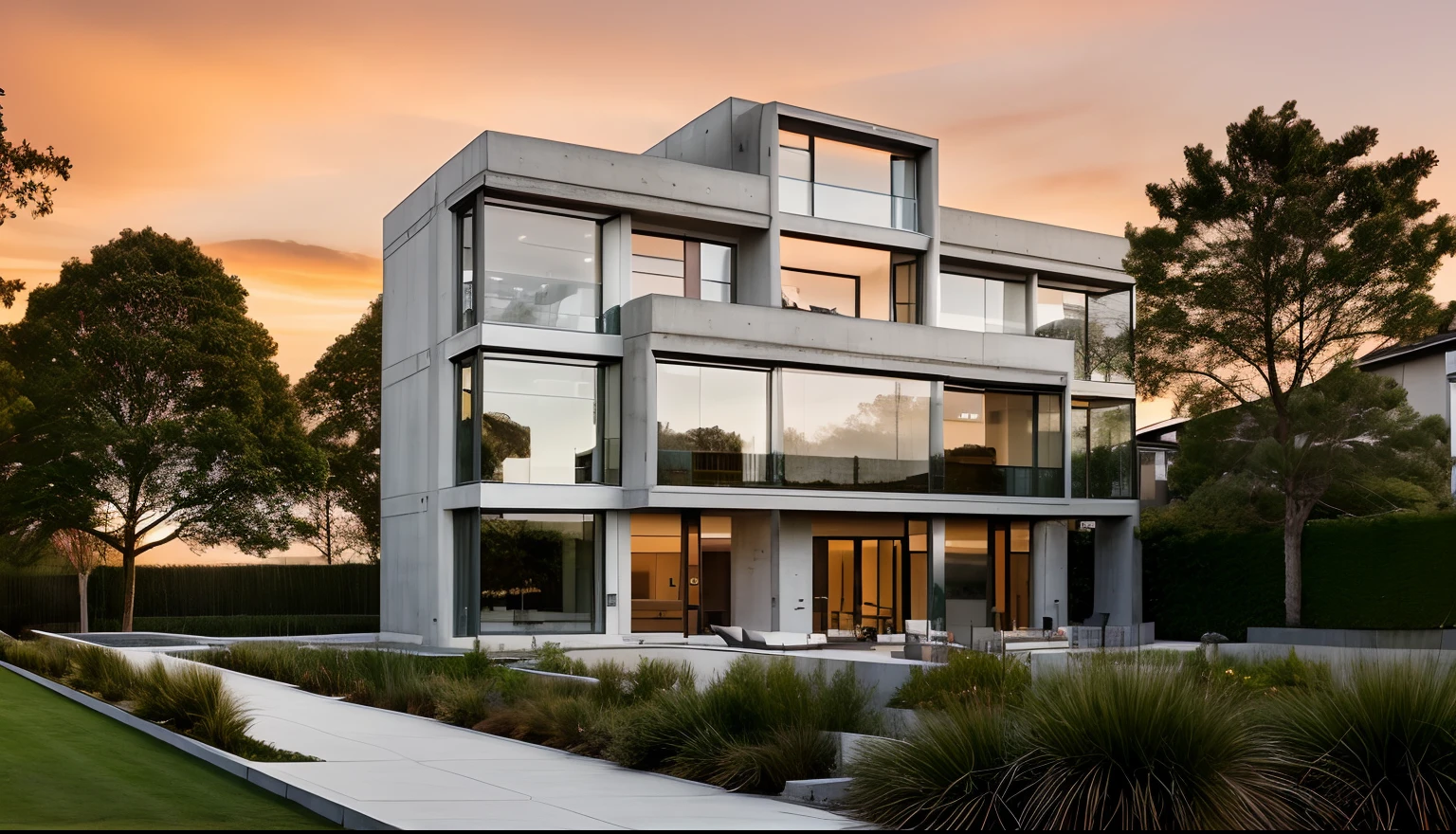 RAW photo, Masterpiece, high quality, best quality, authentic, super detail, (exterior),
one 3-storey office building, contemporary architecture style, concrete wall, the front facade uses large glass walls. concrete. Natural light, bright. Garden in front, back, many trees, flowers.
(Modern minimalist lines:1.2),(concrete wall:1.2),railing glass,glass windows,trees,grass,((sunset1.2)),sky,archdaily architecture,
(high detailed :1.2),8k uhd,dslr,soft lighting,high quality,photography shot with Leica CL with Leica Summilux-TL 35mm f-1.4 ASPH, ar 16:9