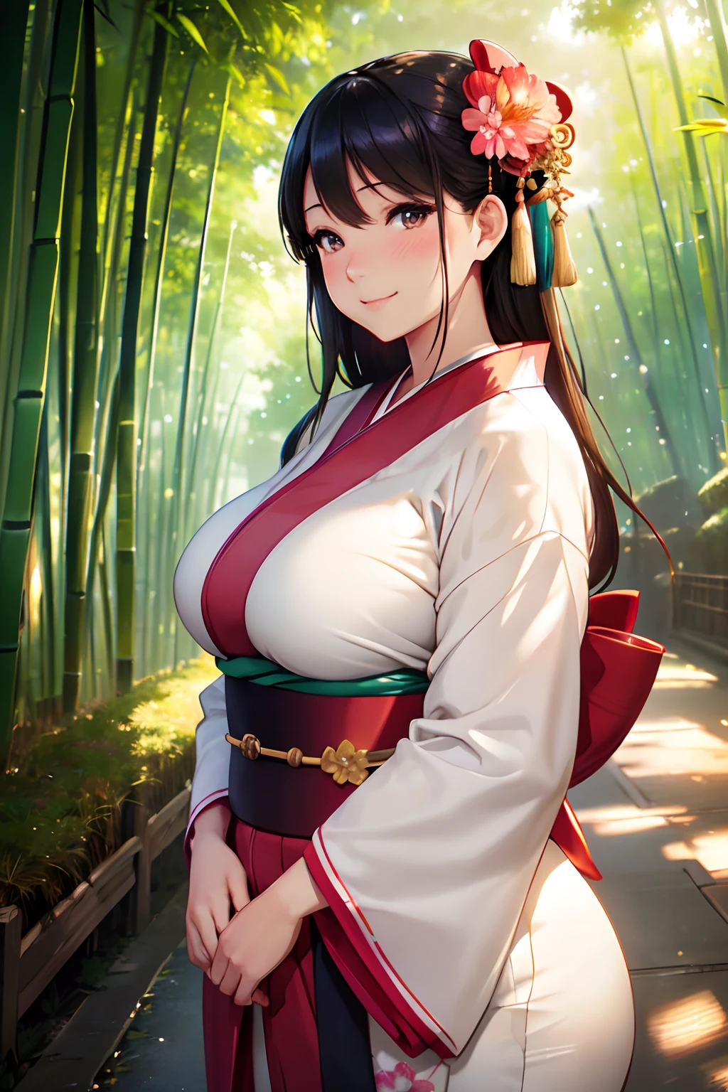 (High quality, High resolution, Fine details, Realistic), Bamboo grove path, Kimono, Woman looking up, solo, Curvy women, sparkling eyes, (Detailed eyes), smile, blush, Large breasts, Sweat, Oily skin, Calm atmosphere, Fantastic, Soft tones, Soft light