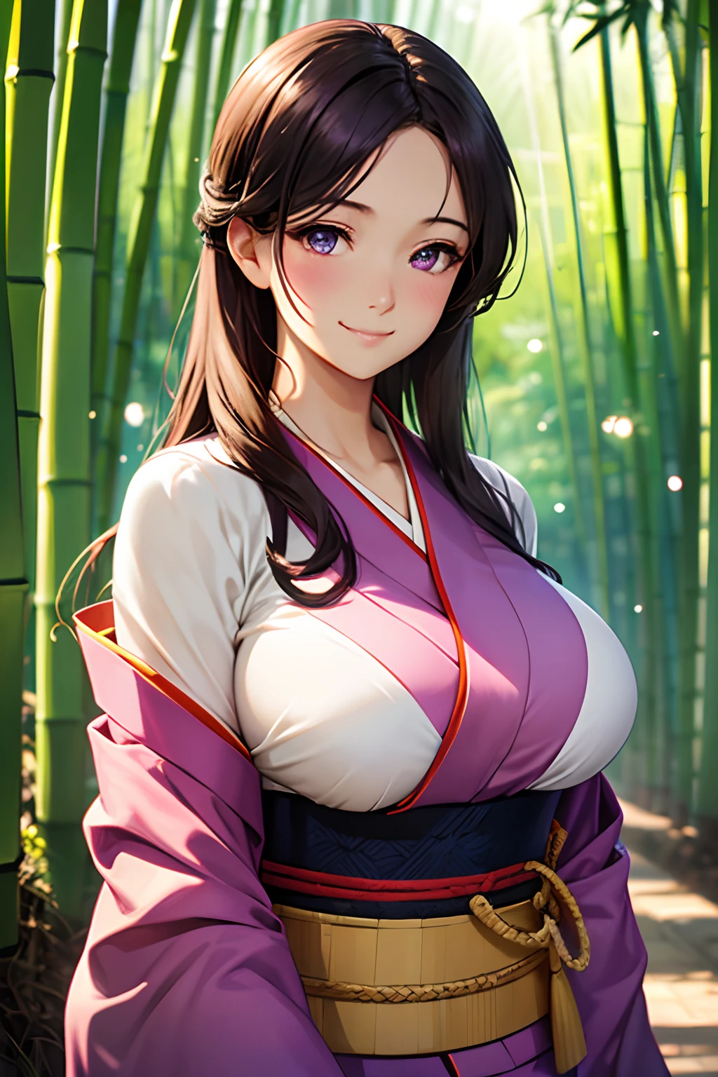 (High quality, High resolution, Fine details, Realistic), Bamboo grove path, Purple Kimono, (Avert eyes), solo, Curvy women, sparkling eyes, (Detailed eyes), smile, blush, Large breasts, Calm atmosphere, Soft tones, Soft light