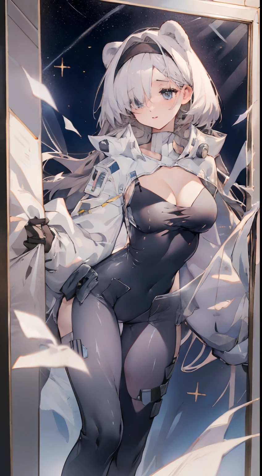 Leakage out of the collarbone,Neck leakage,Bigboobs,upper legs,long whitr hair,Transparent sex clothing,Decorative panels,Star decoration