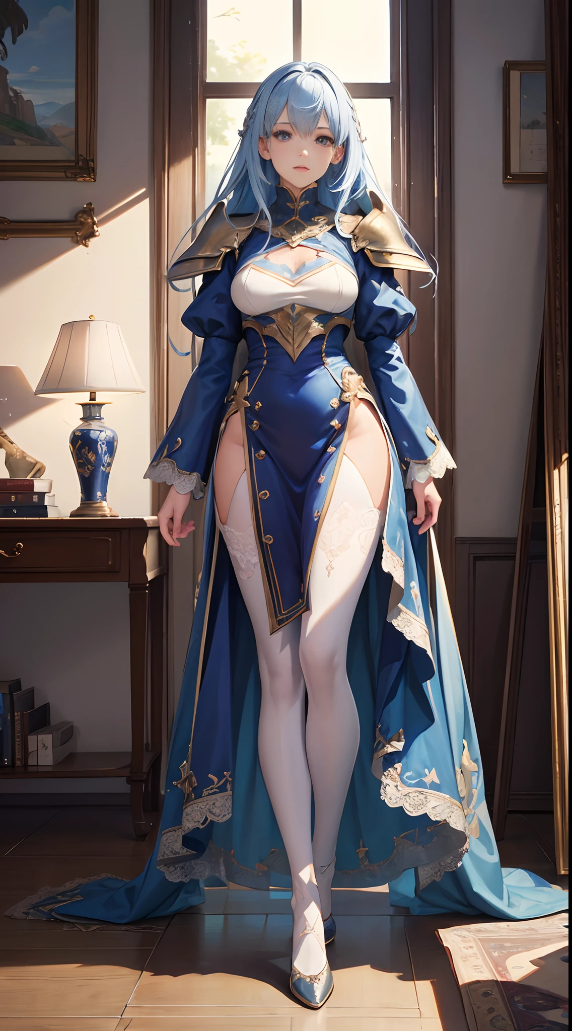 ((Masterpiece, Highest quality)), Detailed face, CharacterDesignSheet, full bodyesbian, Full of details,, Highly detailed, Depth, Many parts,Beautiful paladin girl,Holding a shield,Extremely beautiful,High Balance, Natural light, Lace,lacepantyhose,sparkling with stars,Azure hair,hentail realism, shadowing,character sheets, reference sheet, Standing painting, 8K, Super detail, 1080p, Women's HD,Slim,femele, 16k, A high resolution, Best quality, High quality, Anatomically correct, Masterpiece, ccurate, hyper HD,As graceful as a swan,unreal-engine, Ghibli-like colors, anime, Standing painting, angle of view,