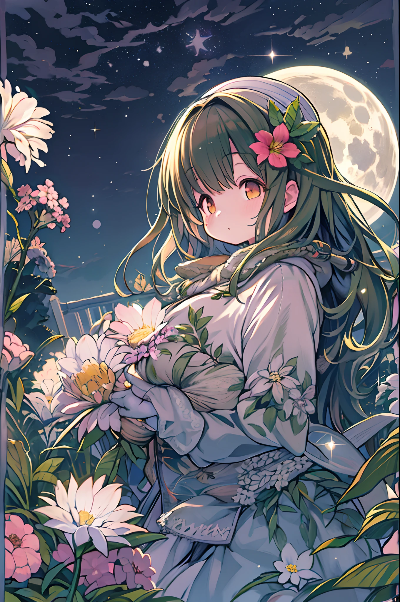 of the highest quality, high_resolution, Distinct_image, Detailed background, girl, flower, garden, Starry sky,、Huge chubby、Ultramammy、Under the full moon