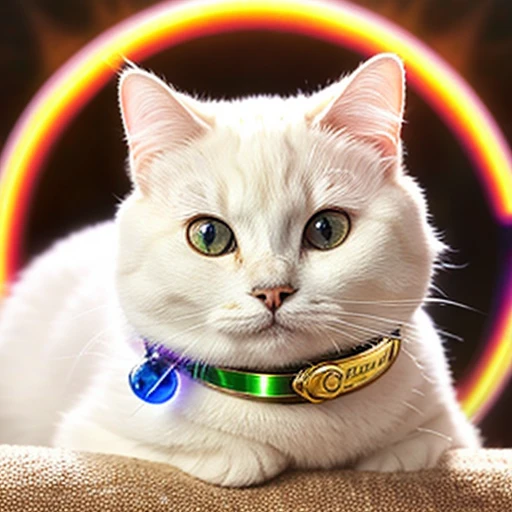 A white beckoning cat with a cute face that calls for good fortune、Wearing a crystal collar。You're in the middle of the front。There is a glitter and a halo。3D.realisitic