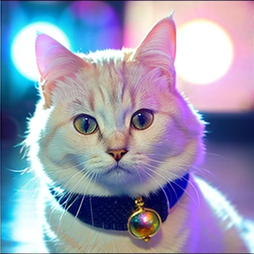 A white beckoning cat with a cute face that calls for good fortune、Wearing a crystal collar。You're in the middle of the front。There is a glitter and a halo。3D.realisitic