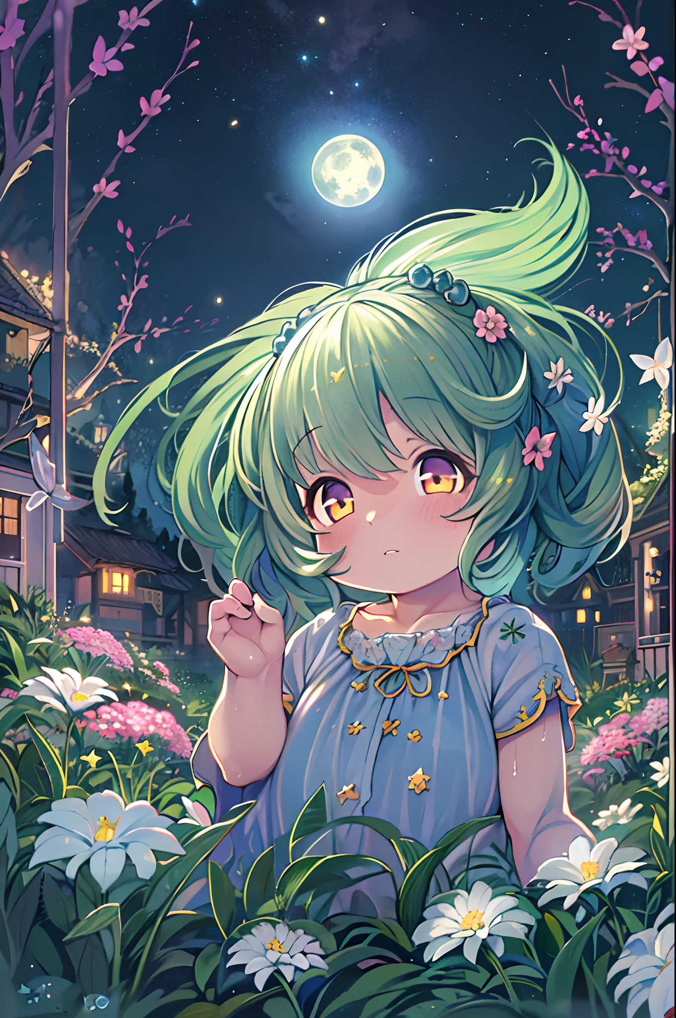 of the highest quality, high_resolution, Distinct_image, Detailed background, girl, flower, garden, Starry sky,、Huge chubby、Ultramammy、Under the full moon