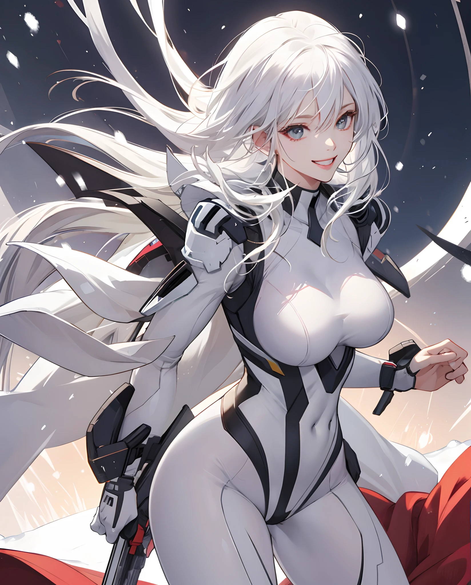 White bodysuit　snow-white long hair　Tall beautiful girl　moderately sized breasts　perfectly proportions　beautiful breasts with tension　Smiling　Bodysuit made of light fabric　Detailed details are depicted　Perfect white hair