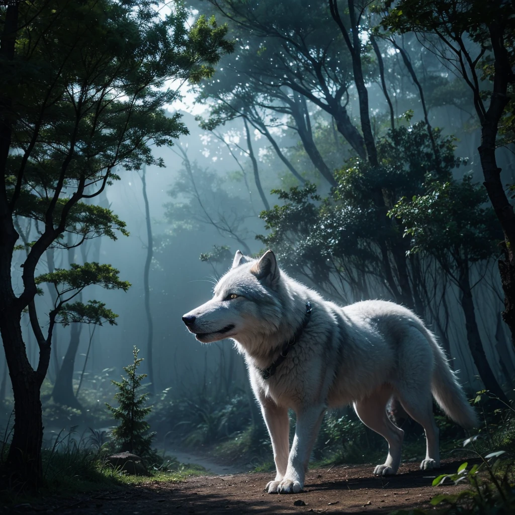 In the Dark Night Forest,There was a giant silver wolf,White is key,Super clear,Fantasy style,8k,Majesty,Shenjun