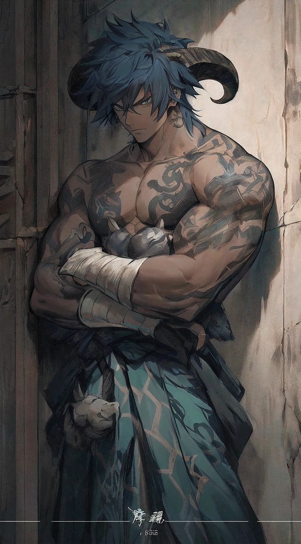 anime character with tattoos and a goat head leaning against a wall, ross tran style, ross tran 8 k, handsome guy in demon slayer art, ross tran!!!, kentaro miura art, clean detailed anime art, muscular character, baki style, detailed anime character art, detailed digital anime art, badass anime 8 k, detailed anime artwork, fine details. anime, beast