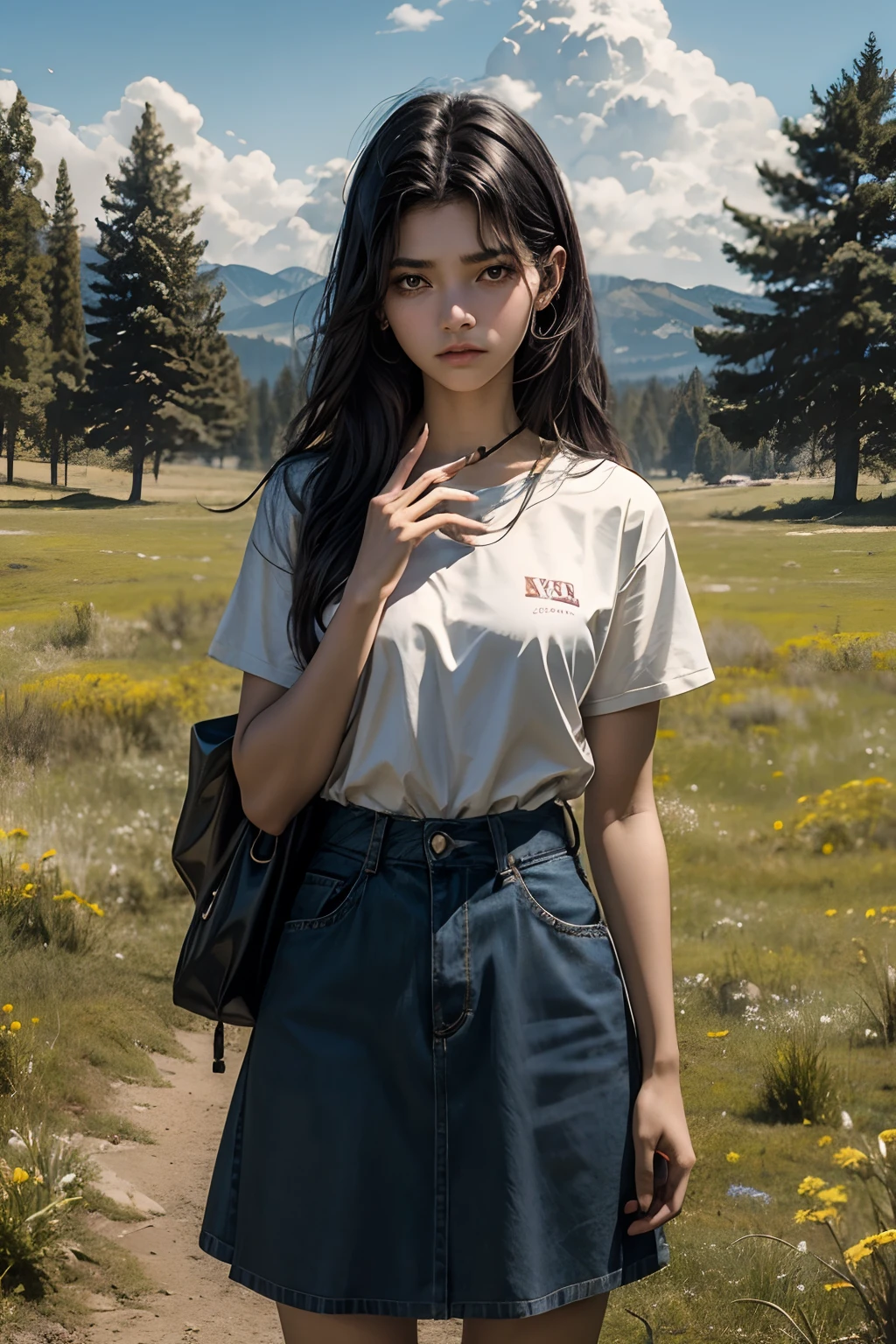 A beautiful woman holds her palm facing the camera, trying to use telekinesis. . Black hair. modern clothing. She is standing in the meadow. An angry look.