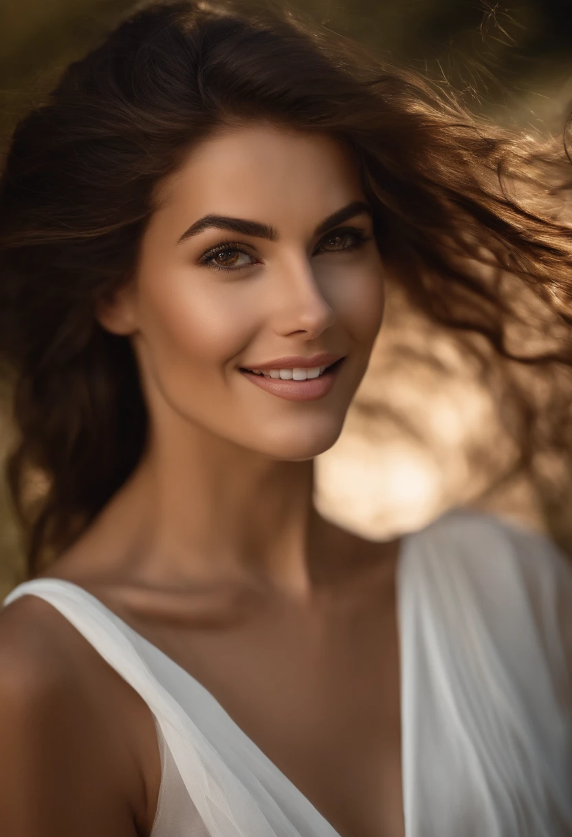 Une femme d'une beauté exceptionnelle aux cheveux bruns, avec un regard captivant et réaliste vers la caméra. Elle possède des traits fins et harmonieux, une peau parfaitement lisse et un regard profond et expressif. Son expression est sereine mais engageante, avec un léger sourire. La lumière met en valeur les nuances de ses cheveux bruns et la texture de sa peau. Le style de l'image est ultra-réaliste, mettant l'accent sur la beauté naturelle et l'expression authentique de la femme