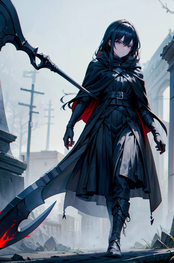 A silhouette of an RPG player in a black cloak, (holding a scythe as a weapon). dark and eerie atmosphere, mysterious aura, detailed folds and texture of the cloak, intense expression on the player's face, illuminated by a dim light source, dramatic shadows