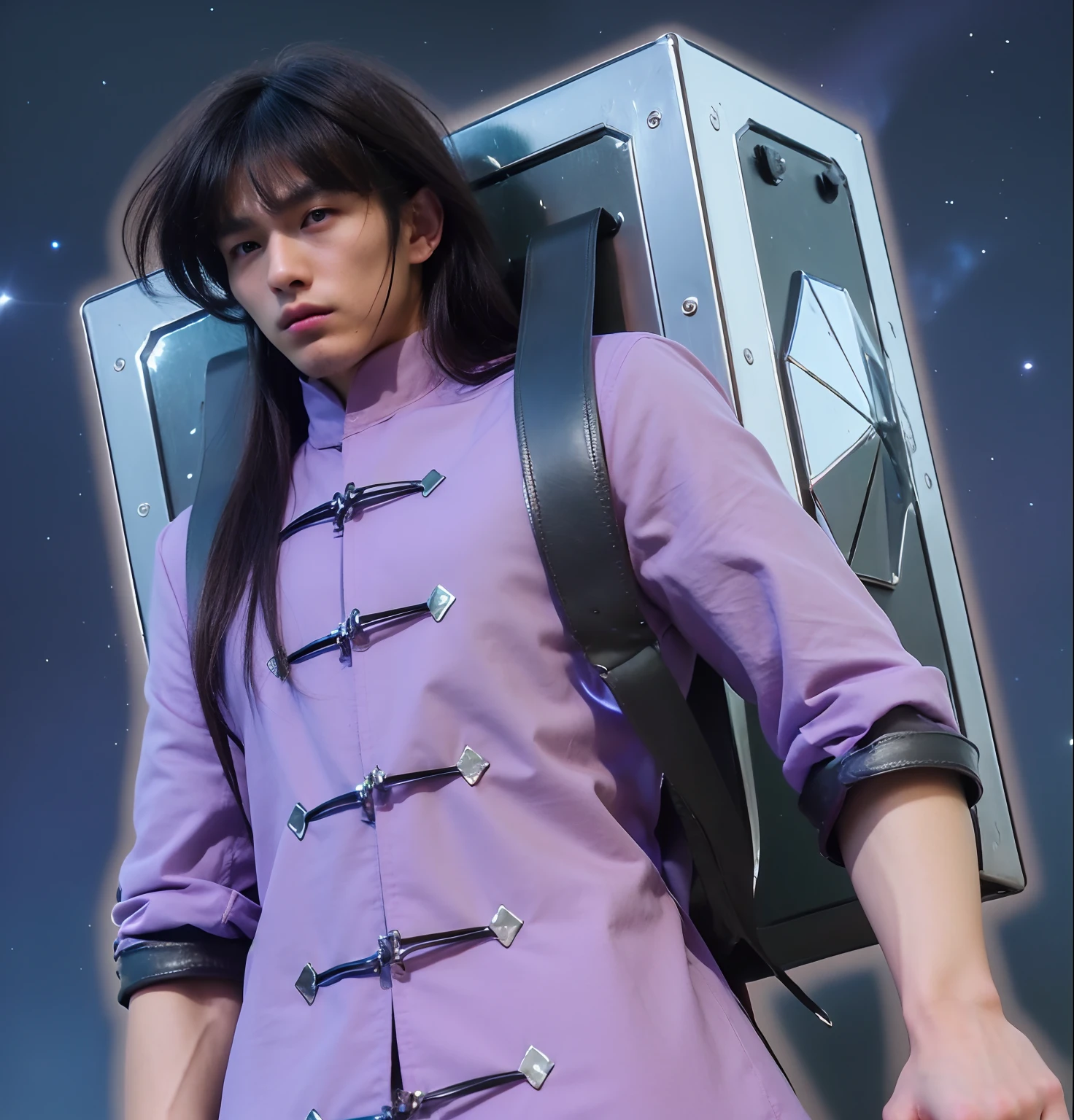 (masterpiece), (realistic), half body, (male) of 18 years old, Japanese (1boy), slightly side view, serious powerful look, solo, (handsome man) (powerful face),, ((pretty big green eyes)), ((well done eyes)), looking in front, long straight messy black hair, ((bangs)), hair blowing in the air, (beardless), masculine Chinese tunic light purple, leather straps, ((metallic box on his back)), (Chormatic box)), ((metallic box reflect the lights like a mirror)), ((night starry sky background)), cinematic lighting.