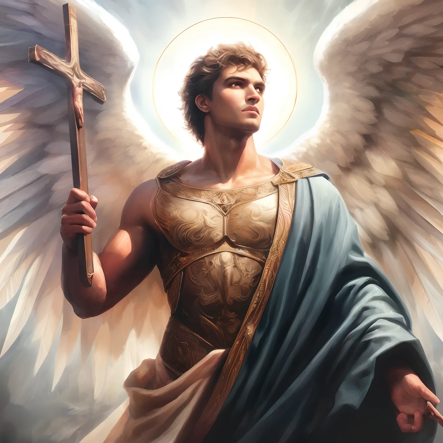 uma pintura de um homem com uma cruz e asas, Arcanjo Miguel, arcanjo, saint michael the angel, biblical accurate angel, Anjo majestoso de corpo inteiro, anjo protegendo o homem, angel spirit guide, angelic, angelic, anjo biblicamente acuado, anjo bonito, cheio de pinturas de anjos, anjo, anjo do antigo testamento, angel in plastic armor