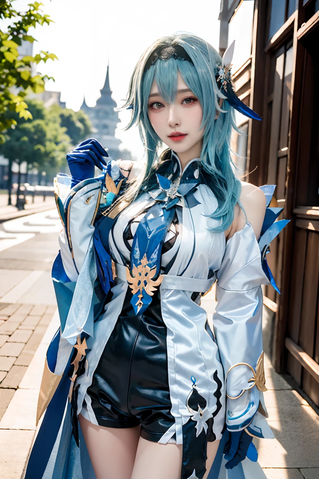 Beauty of a goddess, slim face, light smile, beautiful wan, 1girl, solo, (masterpiece:1.2), best quality, eula, genshin, high detailed, 8K resolution, looking at viewers, eula from genshin impact, outdoor, blue hair, hair ornaments, eula cosplay outfit