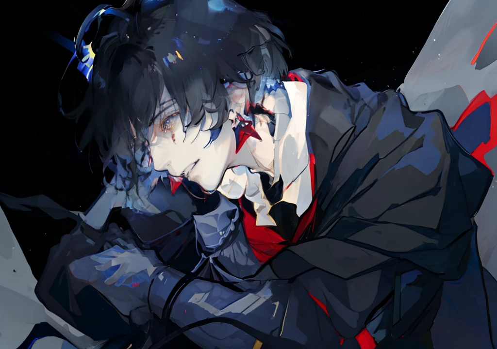 masutepiece、masterpiece, top-quality, 1 man, Adults, a handsome, tall muscular man, broad shoulder, finely eye and detailed face, Highly detailed CG Unity 8K wallpapers, intricate detailes, intricate detailes, Long beige hair, a wizard, Commander, natta, magical effect, loimu, upper view, frombelow, depth of fields、dark backgrounds、red earrings、Holding the knees、sweet-smelling々and face