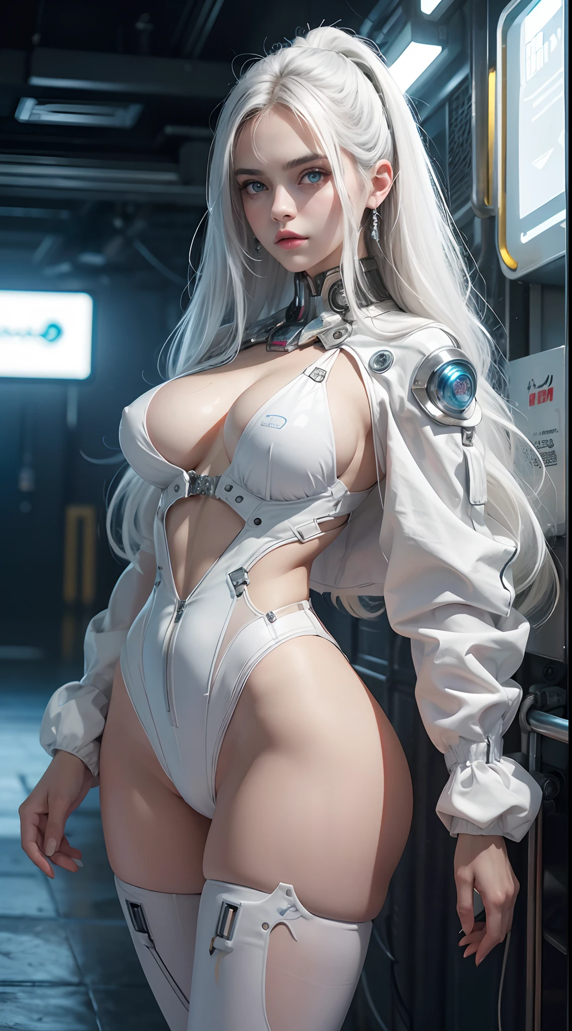 NSFW, 1girl, , cuerpo completo, cyberpunk, mecha, mechanics, (Obra maestra: 1.4), (8k, realista, Foto RAW, La mejor calidad: 1.4), desnudo, Transparent nipple areola shape, Hermosos pechos, Chica japonesa, Hermosa cara linda, (Cara real: 1.4), Perfecto , hermoso peinado, Ojos azules realistas, Hermosos ojos de detalle, (piel real: 1.3), Piel hermosa, atractivo, cara enojada, ultrahigh resolution, ultra realista, cinematic lighting, hair dyed white, Cabello largo, Cintas, Ruinas de la ciudad, Mundo futurista,traje retrofuturista,cyborg,white hair