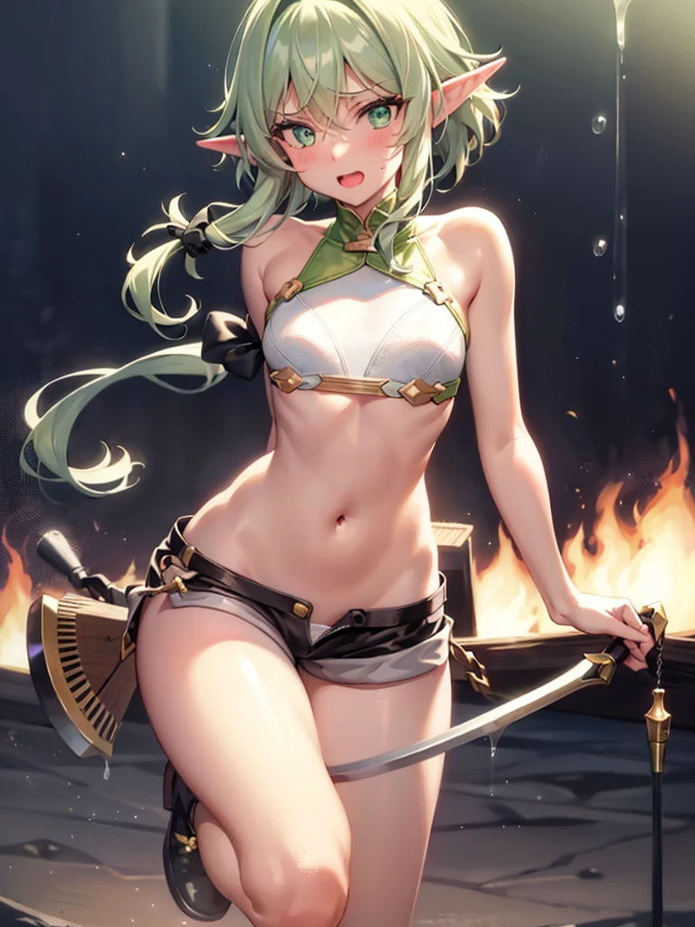 Best Quality, masterpiece, ((Solo, 1girl)), high elf archer, fine detailed shiny eyes, small chest, high resolution, best lighting, extremely detailed illustrations, blush, embarrassed, smile, open mouth, crotch seam, cameltoe, day, dripping wet, no panty, very NSFW, female masturbation, cum everywhere, view from behind, butt visible, no top, extremely hot, massive load, legs spread, cum dripping out of mouth, female orgasm, crotch penetration, vaginal fluid, fingers spreading crotch,