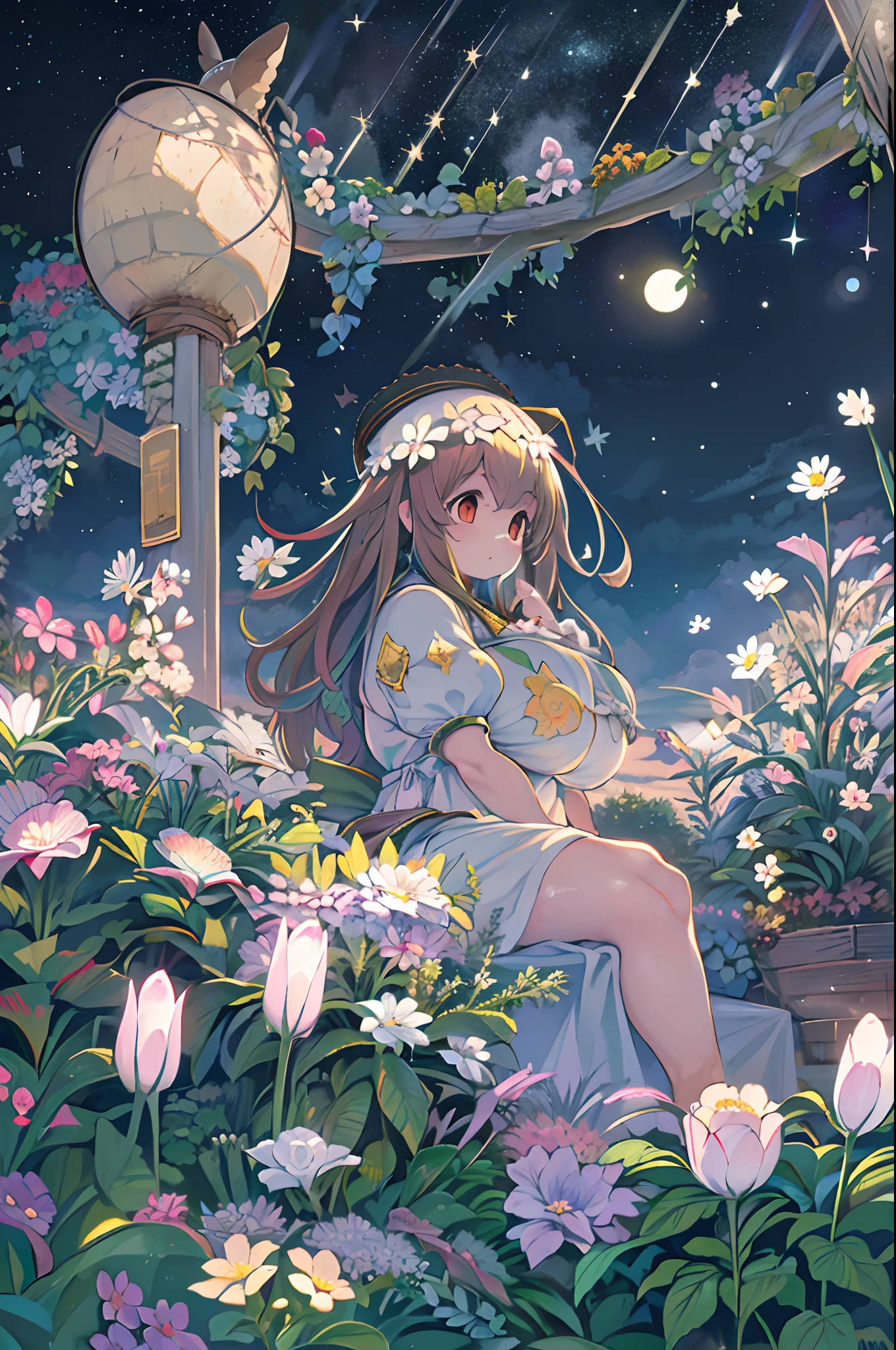of the highest quality, high_resolution, Distinct_image, Detailed background, girl, flower, garden, Starry sky,、Huge chubby、Ultramammy、Under the full moon