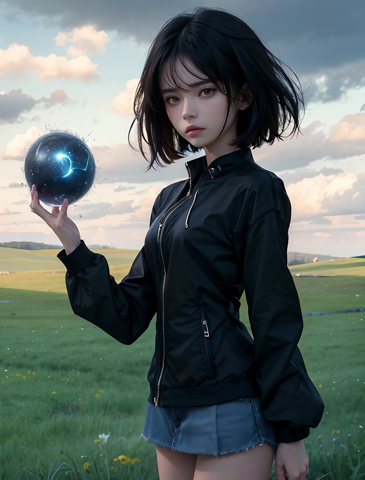 A picture with an anime touch.A beautiful woman holds her palm facing the camera, trying to use telekinesis. Fifteen years old. Black hair. modern clothing. She is standing in the meadow. An angry look.