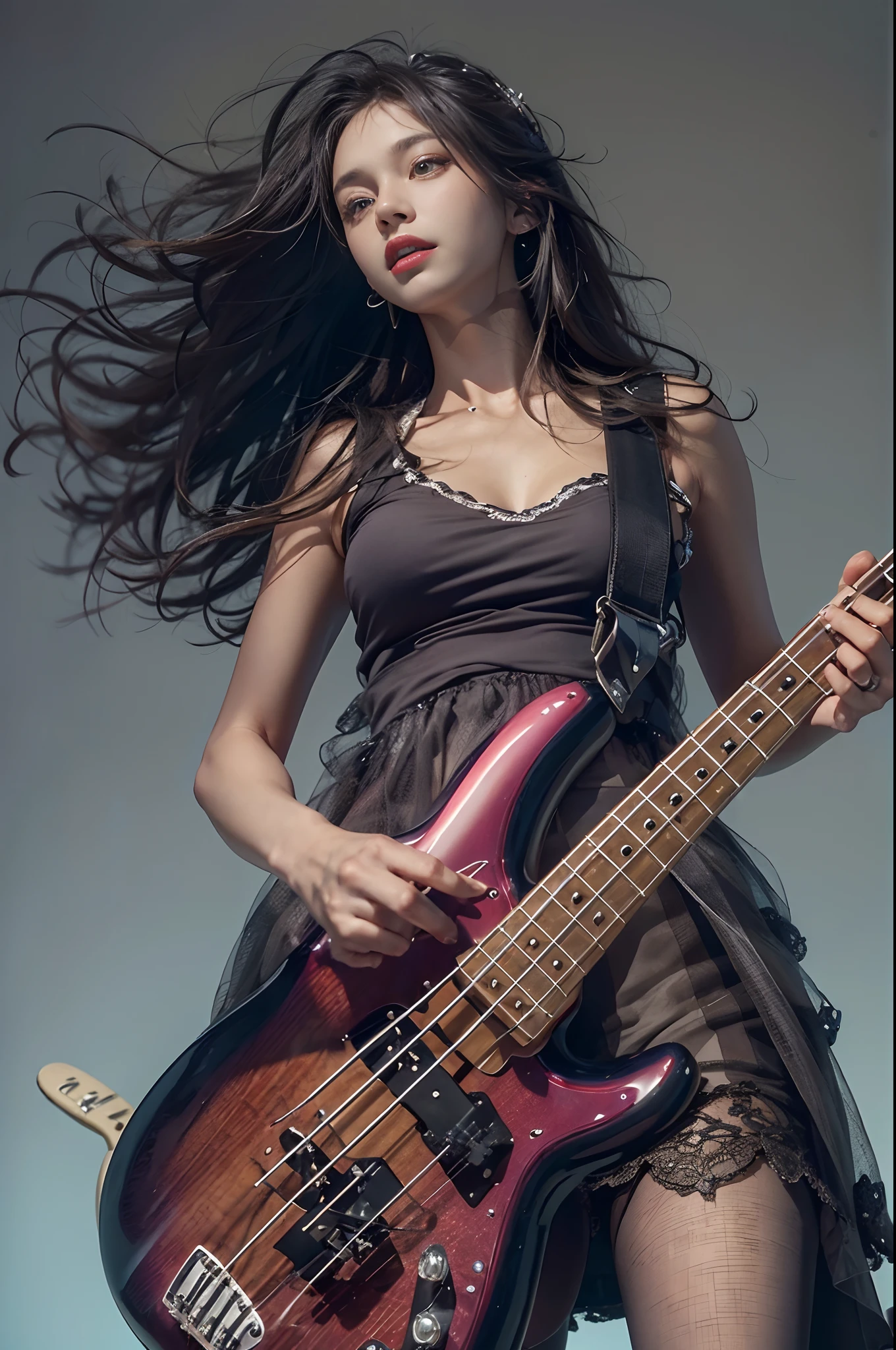 Woman playing bass live、brunette disheveled hair、Intricate 4-string bass:1.2、Anatomically correct fingers、((Detailed Fender Precision Base:1.3))、Only one base、Black pantyhose