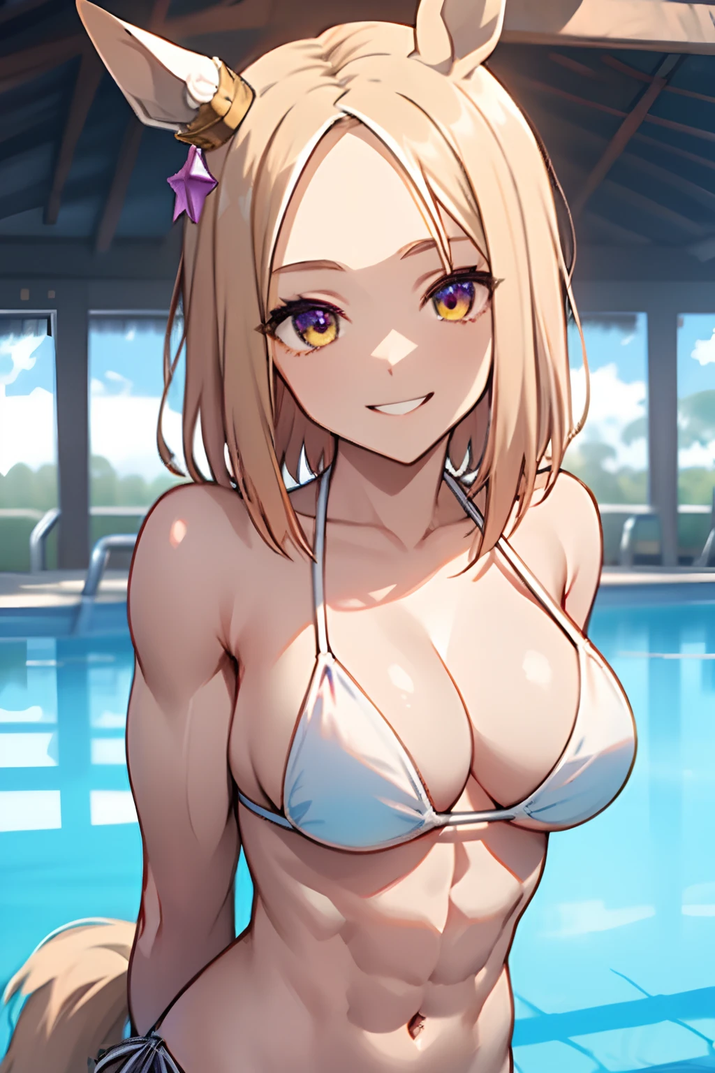 narita top road\(umamusume\), ultra-detailed face, masterpiece, best quality, upper body, muscular body, abs, front, white bikini, pool, light smile, large tits, arms behind back
