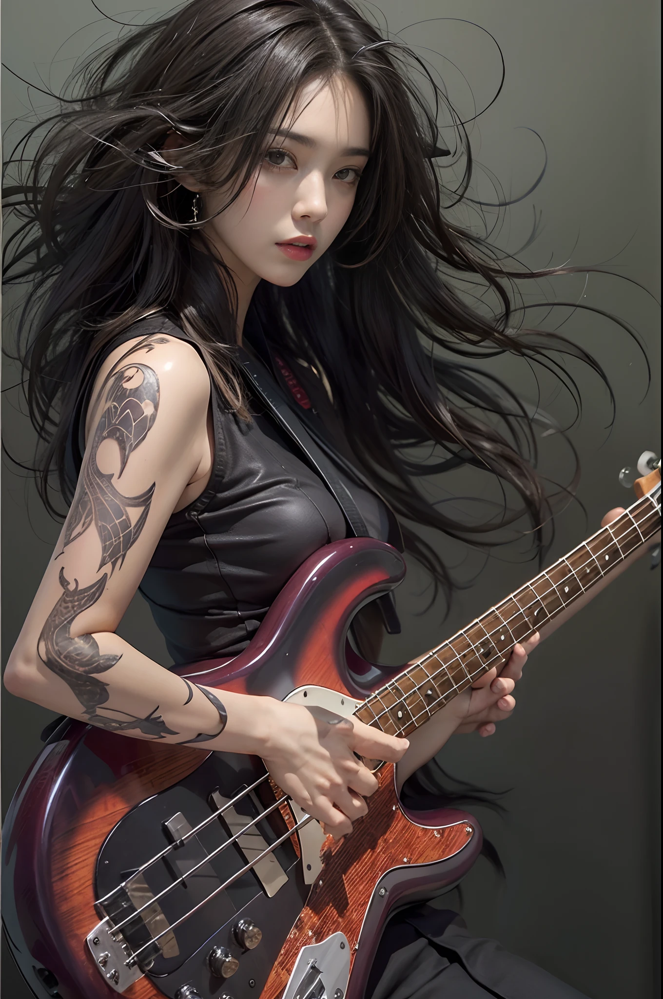 Woman playing bass live、brunette disheveled hair、Intricate 4-string bass:1.2、Anatomically correct fingers、((Detailed Fender Precision Base:1.3))、Only one base、pantyhose