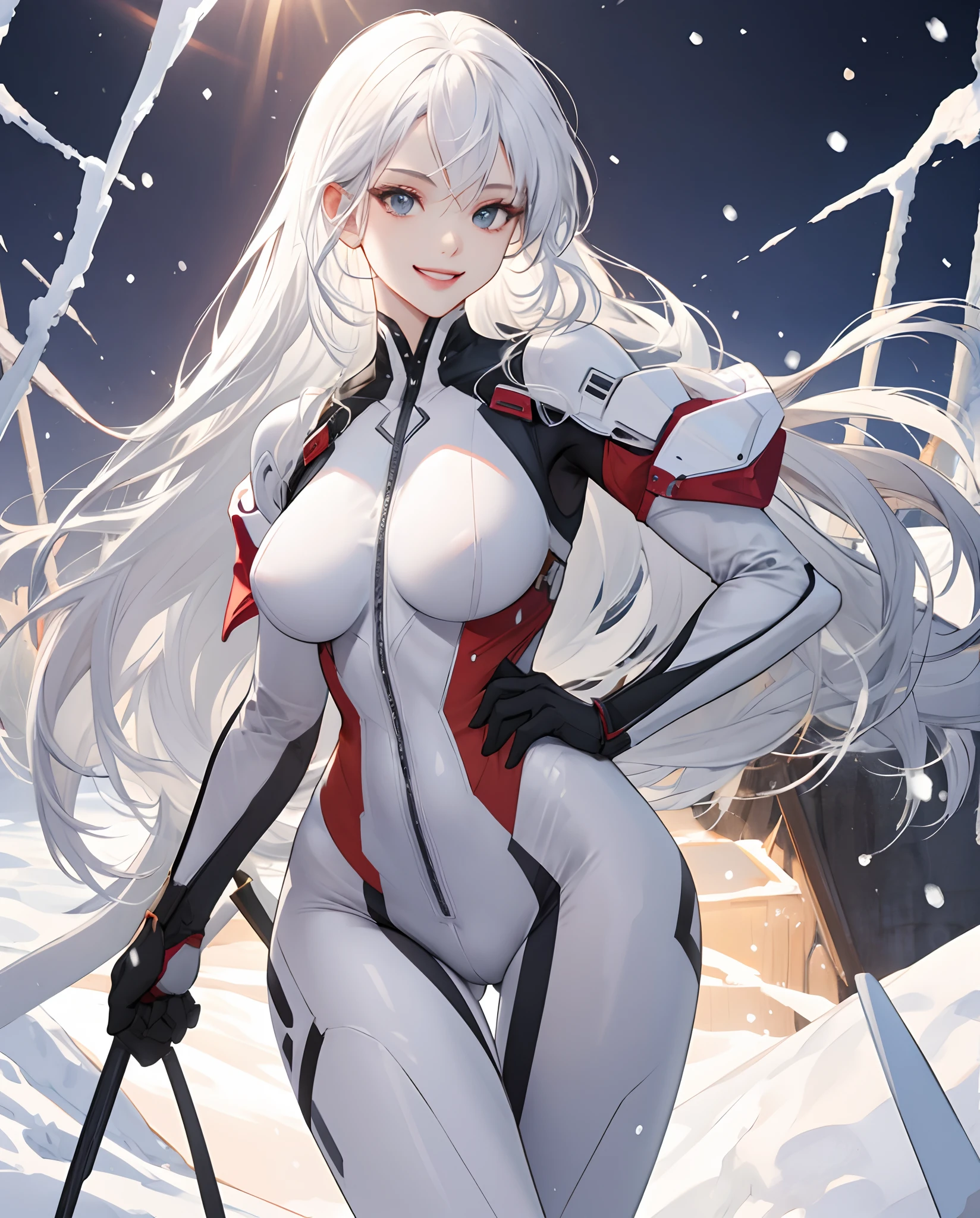 White bodysuit snow-white long hair Tall beautiful girl moderately sized breasts perfectly proportions beautiful breasts with tension Smiling Bodysuit made of light fabric Detailed details are depicted Perfect white hair
