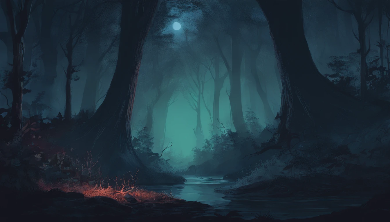 dark and dense forest at night with tall trees and thick tree roots and no path