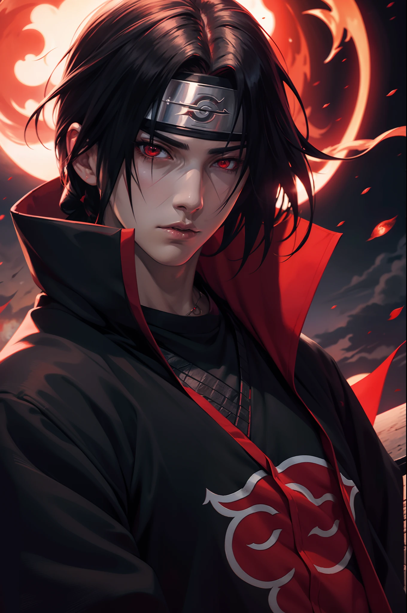 Masterpiece, high detailed, a young man covered in black cape with red cloud drawing or akatsuki robe from naruto, itachi uchiha, red eyes, upper body, shinobi, Konoha headband, red moon in the background, red theme, from naruto, long hair, covered in red flame