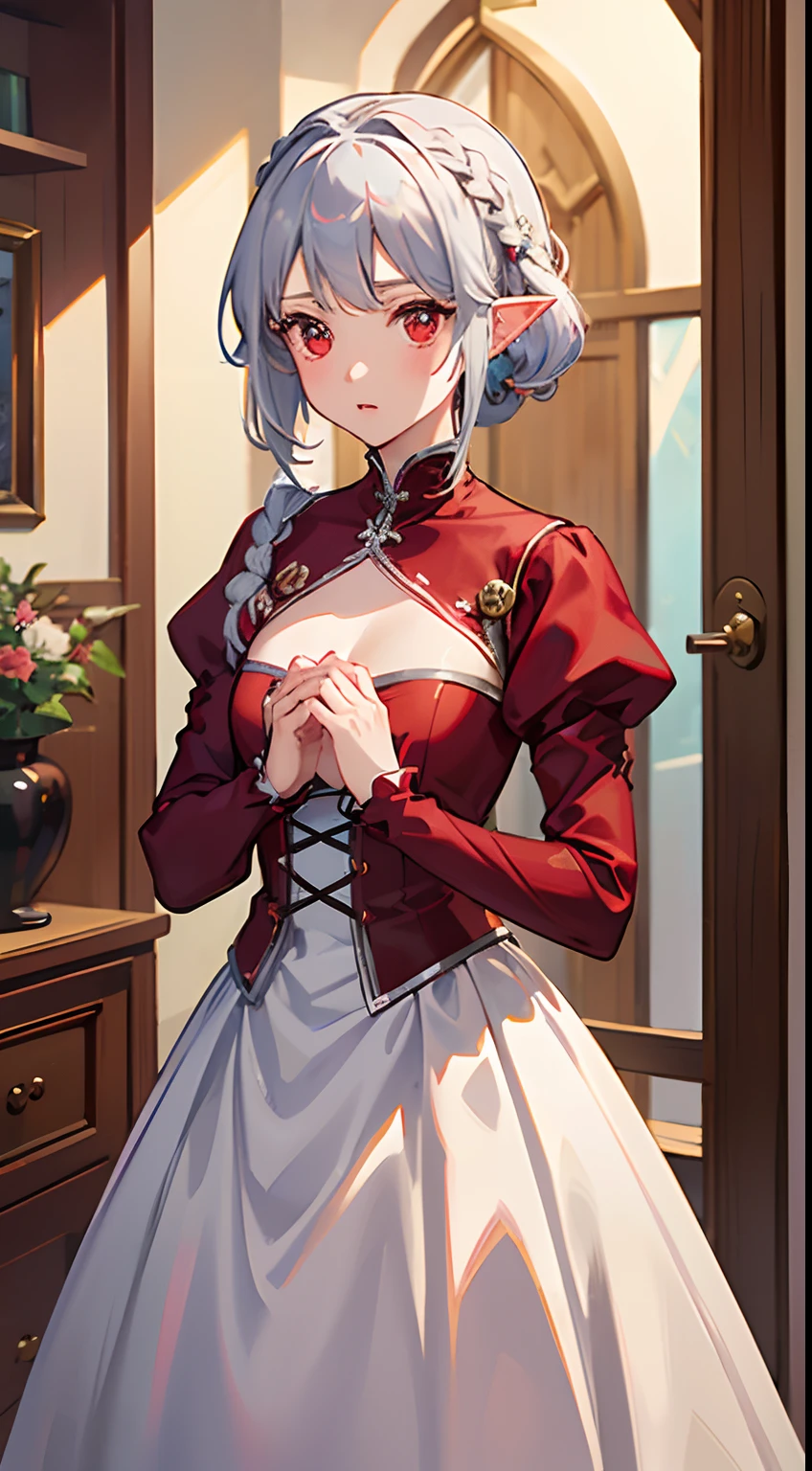 ((Put your hands on your chest)), (surprised)), (Red face), 1 girl, Elf, Silver hair, Red eyes, Braid hair, Bob cut, Princess, Medieval dress, Long skirt, Ruffles, Indoors, Mirror, TS, Concept art, Beautiful anime scene, Beautiful anime scenery, Best quality, Masterpiece, 4K