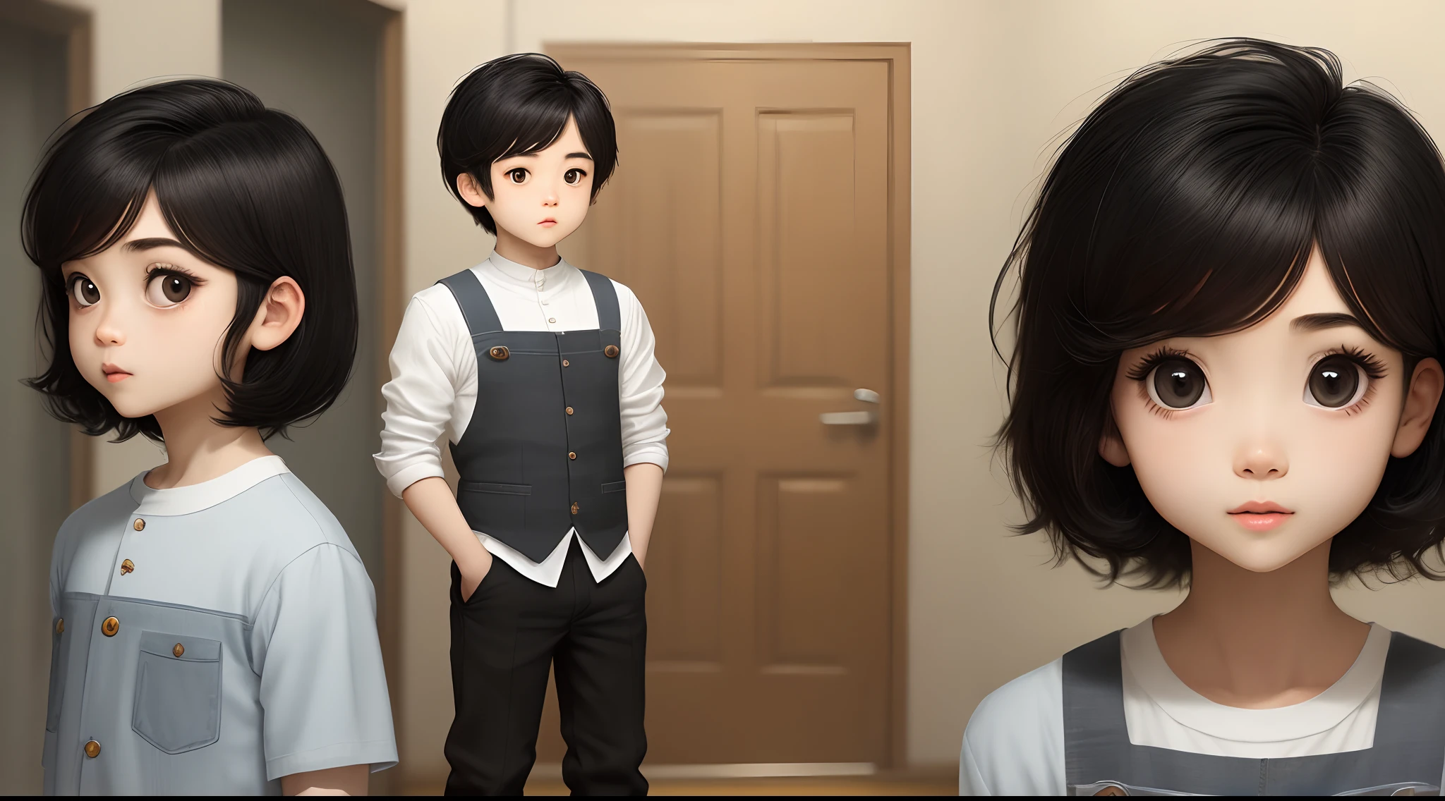 He looks small in stature, has big eyes, has short black hair, has a single-minded personality, and is strict with time