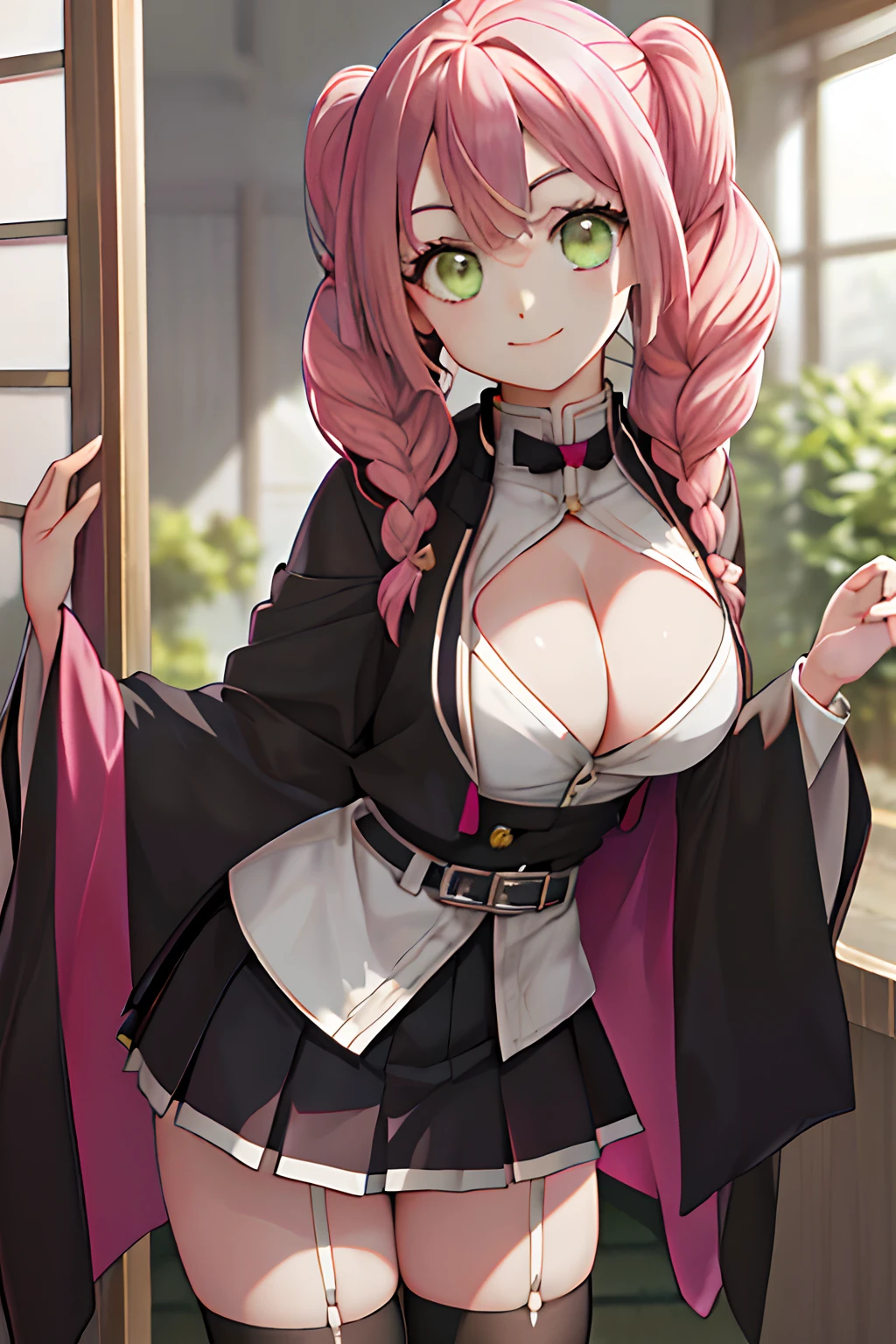 masterpiece, best quality, ultra-detailed, Potrait of beautiful MitsuruDS, solo, demon_slayer_uniform, smile, long_sleeves, looking_at_viewer, japanese_clothes, breasts, haori, cleavage, closed_mouth, jacket, large_breasts, open_clothes, skirt, belt, black_skirt, pleated_skirt, thighhighs, green_thighhighs, zettai_ryouiki, volumetric lighting, best quality, masterpiece, intricate details, tonemapping, sharp focus, hyper detailed, trending on Artstation, pink hair with greeb bottom hair, pink hair, greeb bottom hair, kimetsu no yaiba,