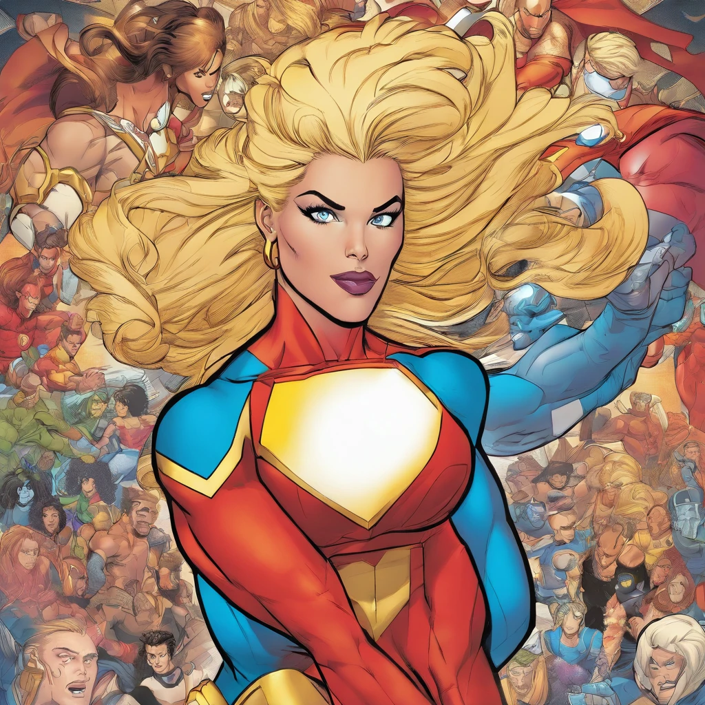 Best quality, comics caracter,super hero,woman,blonde hair,látex micro dress,tights